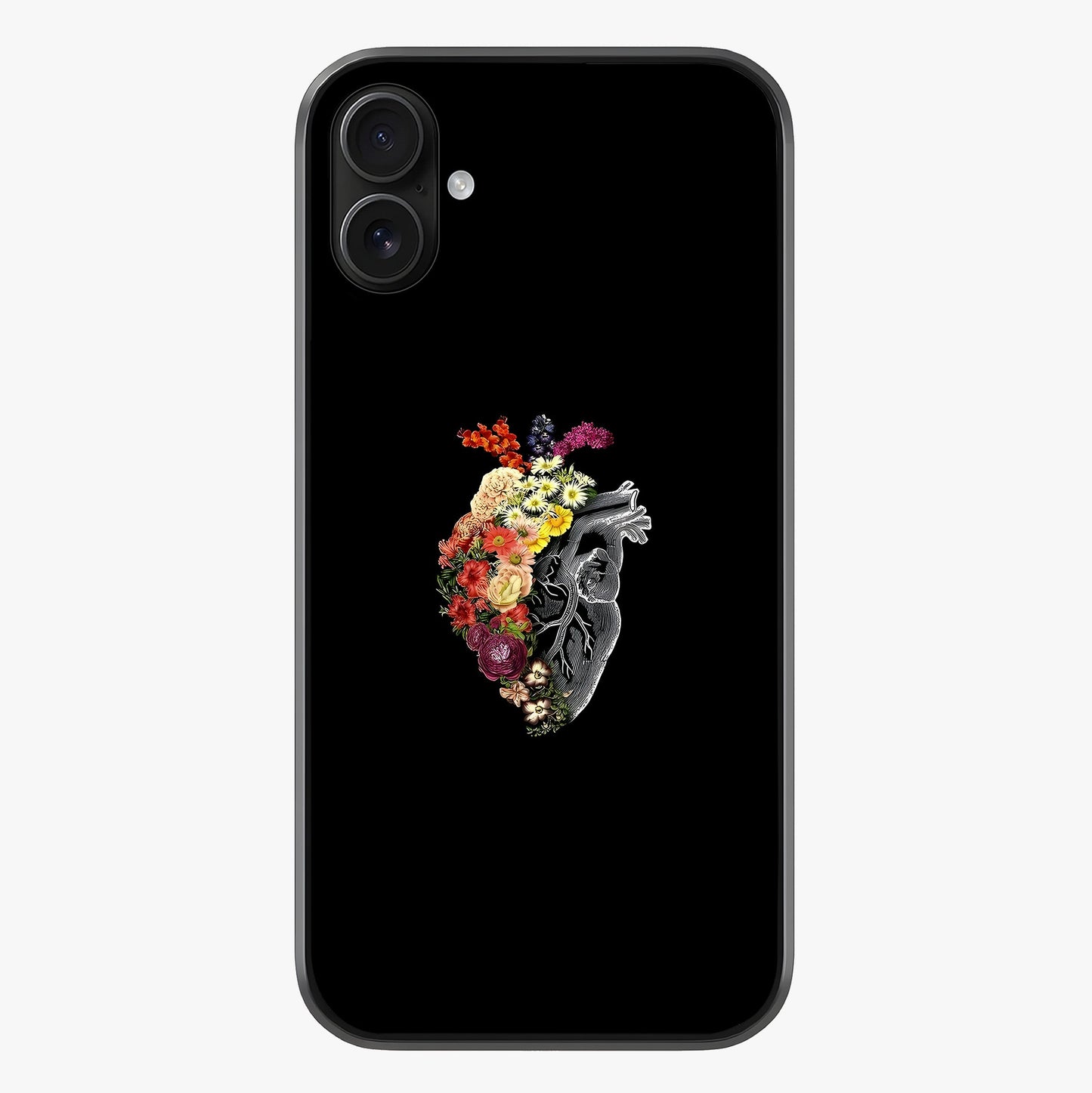 Heart With Flowers Glass Case showing full back design in clean flat view with glossy glass finish.