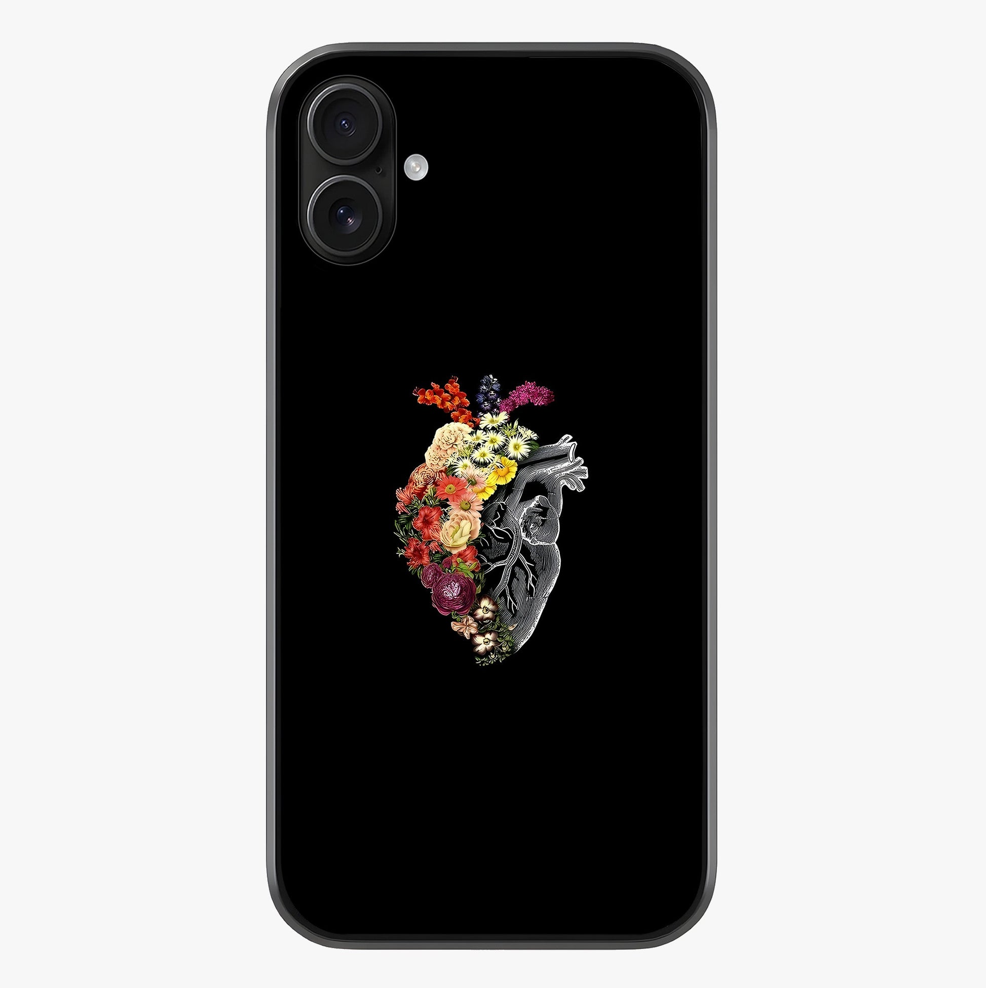 Heart With Flowers Glass Case showing full back design in clean flat view with glossy glass finish.