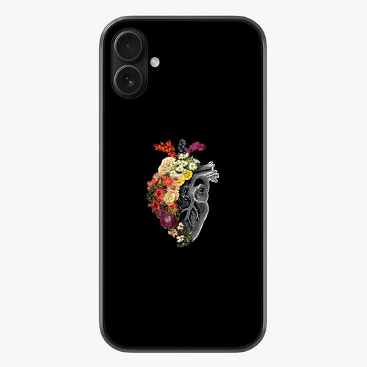 Heart With Flowers Glass Case showing full back design in clean flat view with glossy glass finish.