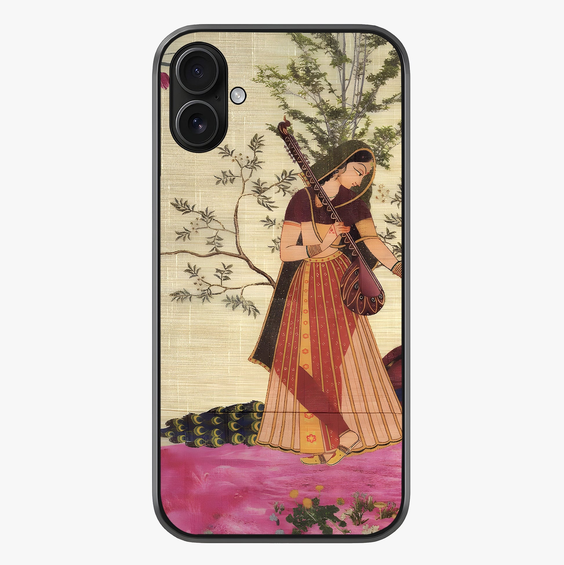 Lady With Veena Art Glass Case showing full back design in clean flat view with glossy glass finish.