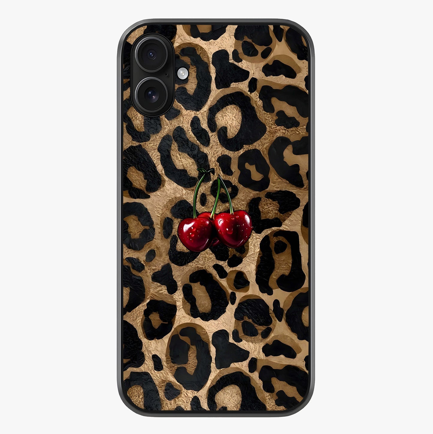 Leopard Wild Cherry Glass Case showing full back design in clean flat view with glossy glass finish.