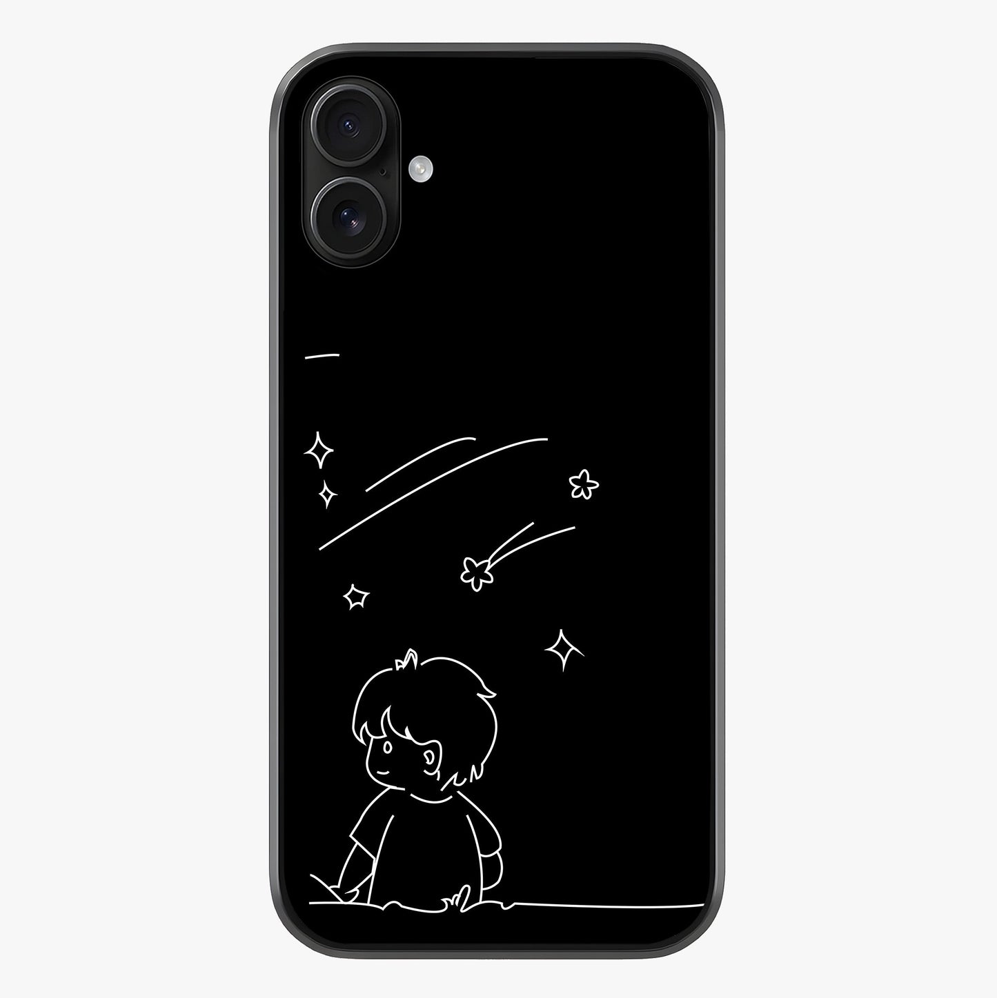 Line Art Boy With Shooting Stars Glass Case showing full back design in clean flat view with glossy glass finish.