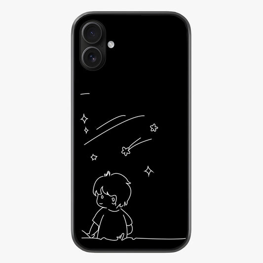 Line Art Boy With Shooting Stars Glass Case showing full back design in clean flat view with glossy glass finish.