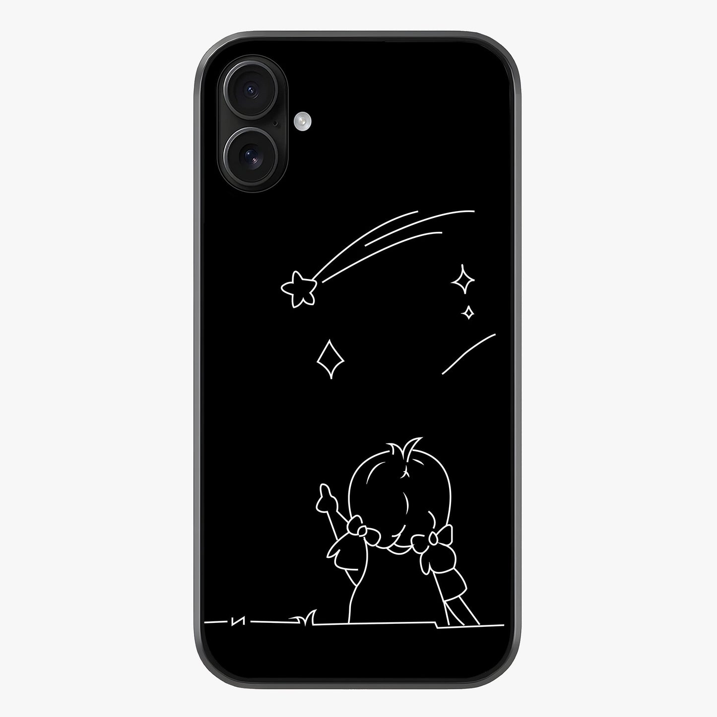 Line Art Girl With Shooting Stars Glass Case showing full back design in clean flat view with glossy glass finish.