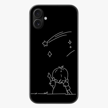 Line Art Girl With Shooting Stars Glass Case showing full back design in clean flat view with glossy glass finish.