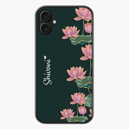 Lotus Bloom Serenity Custom Name Glass Case showing full back design in clean flat view with glossy glass finish.