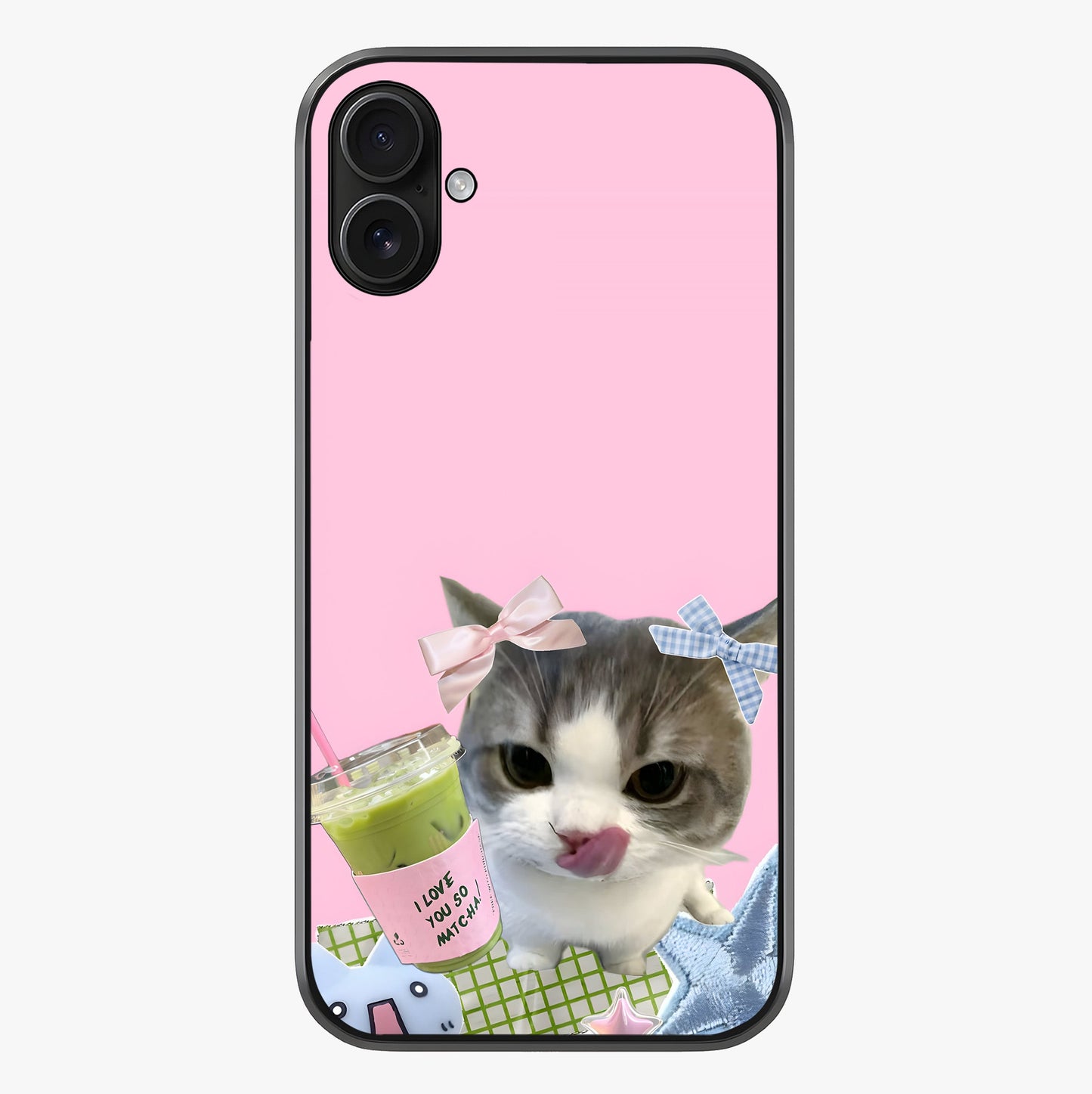 Love Matcha Cat Glass Case showing full back design in clean flat view with glossy glass finish.