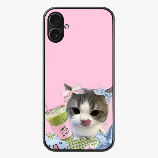 Love Matcha Cat Glass Case showing full back design in clean flat view with glossy glass finish.