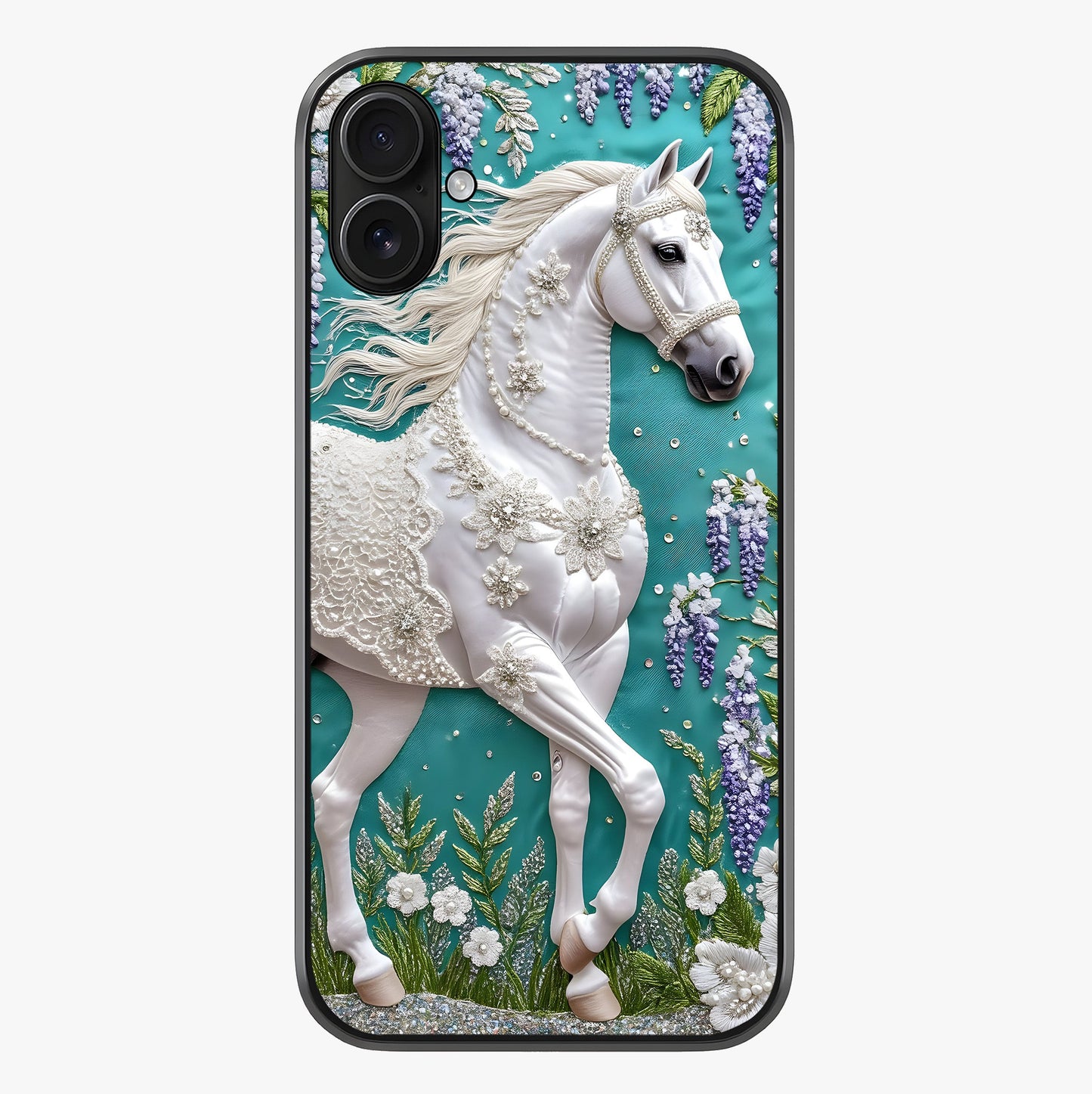 Majestic Floral Stallion Glass Case showing full back design in clean flat view with glossy glass finish.