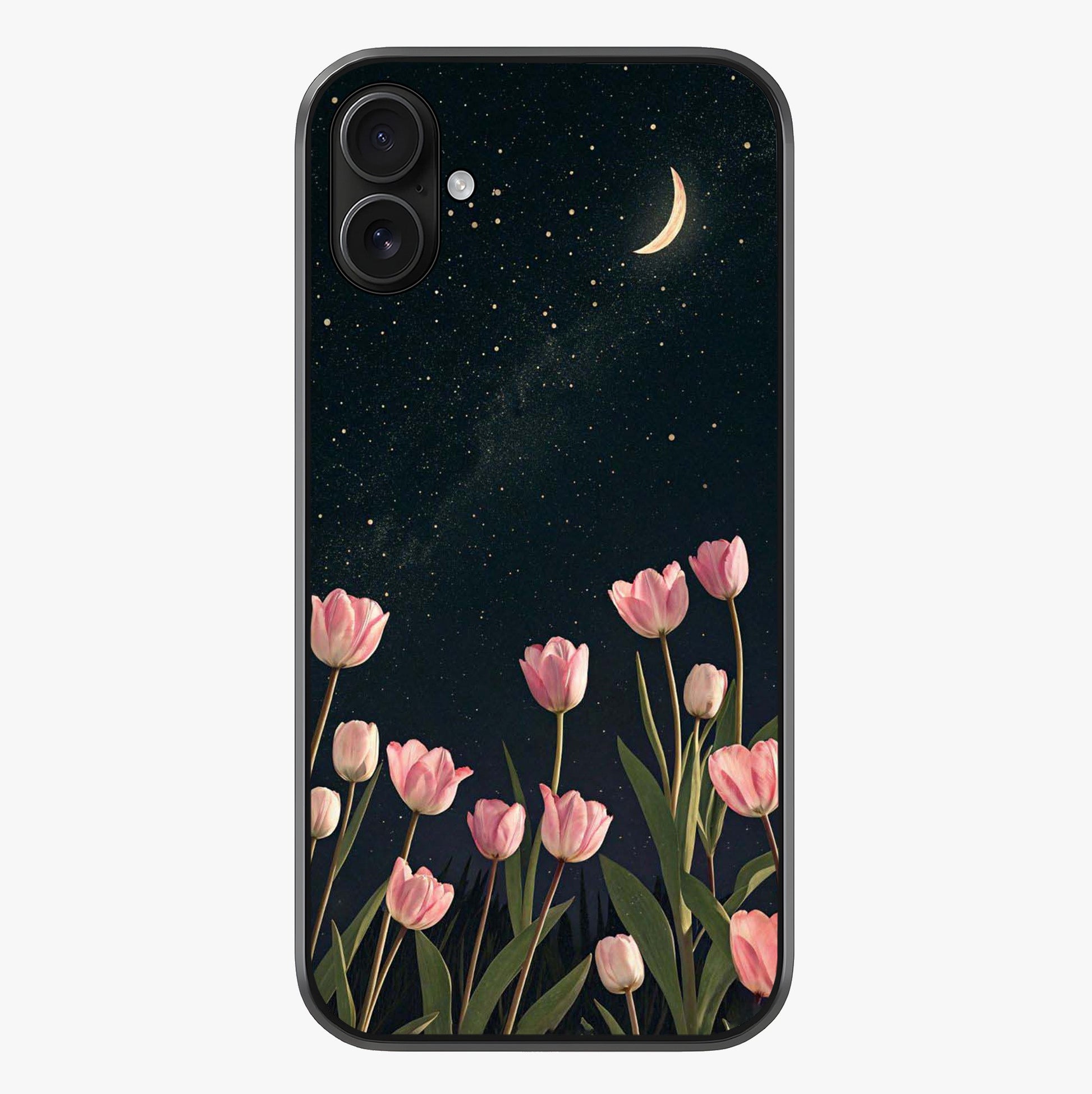 Midnight Tulip Whispers Vibe Glass Case showing full back design in clean flat view with glossy glass finish.