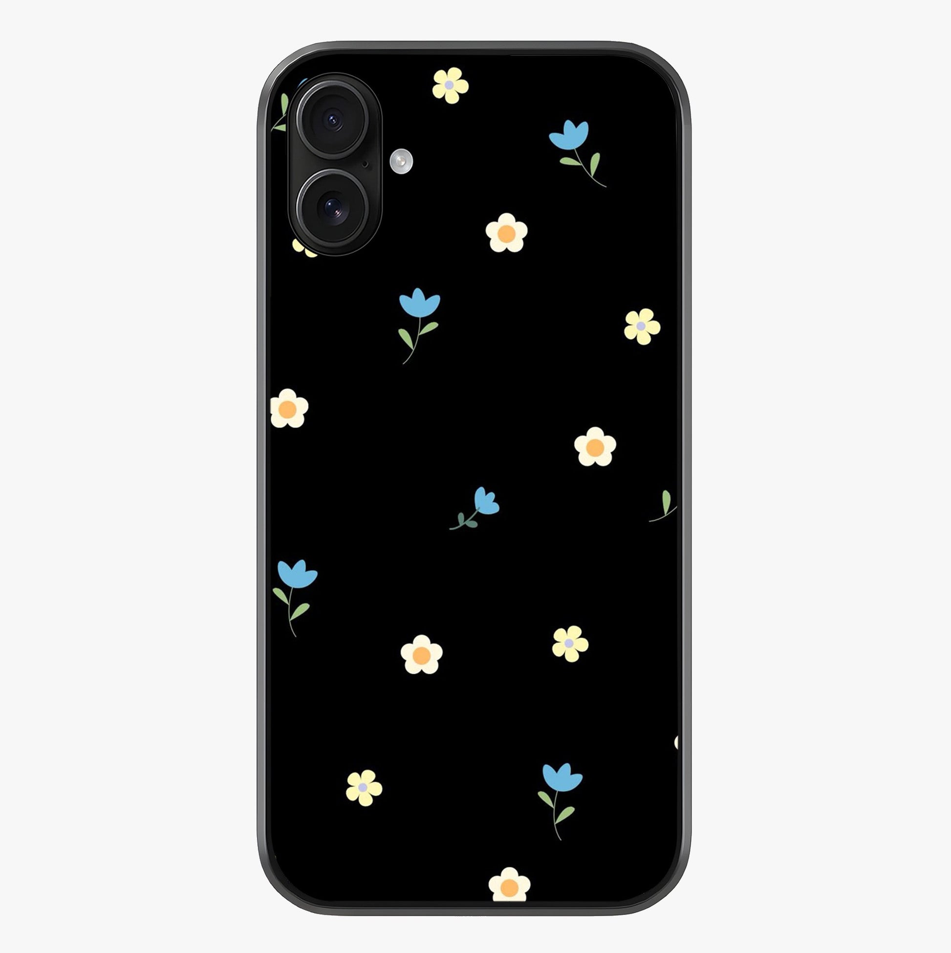 Minimalistic Blue With White Flower Pattern Glass Case showing full back design in clean flat view with glossy glass finish.