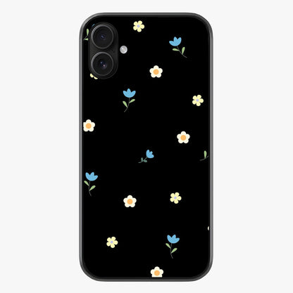 Minimalistic Blue With White Flower Pattern Glass Case showing full back design in clean flat view with glossy glass finish.