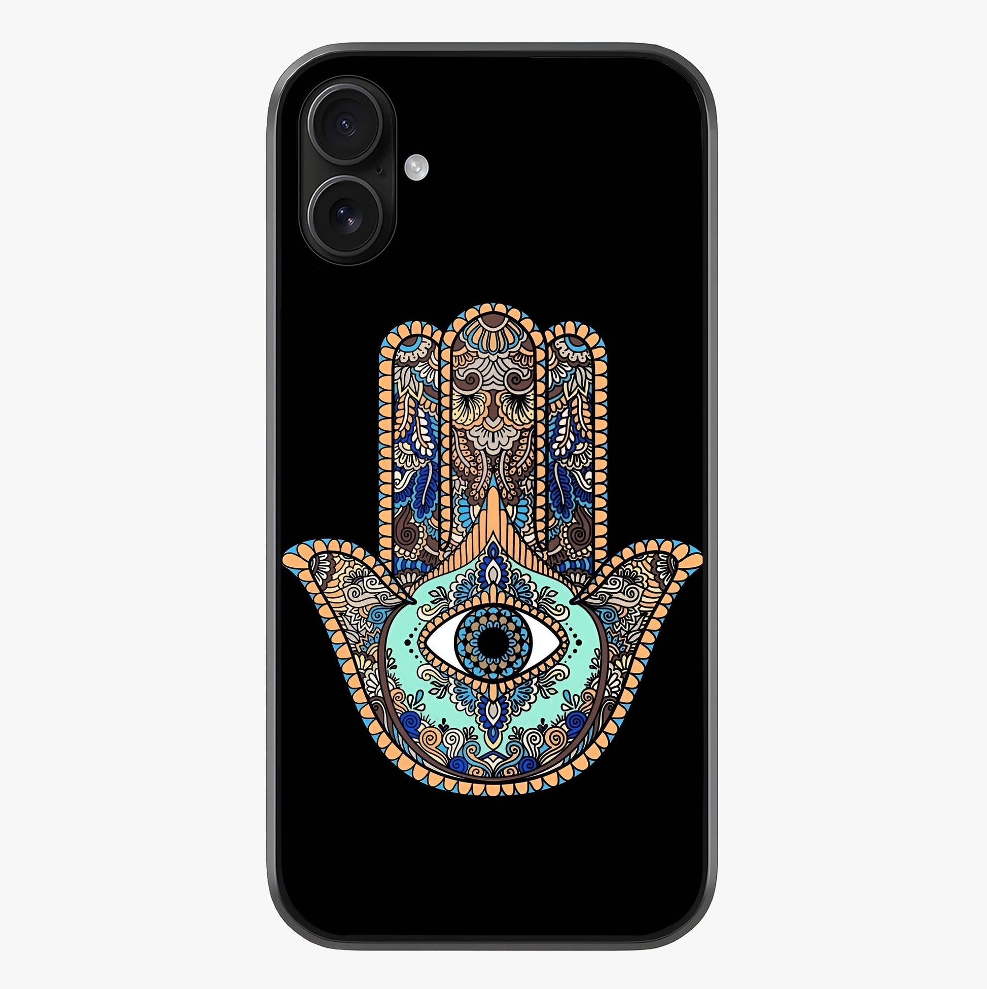Mystic Hamsa Eye Glass Case showing full back design in clean flat view with glossy glass finish.