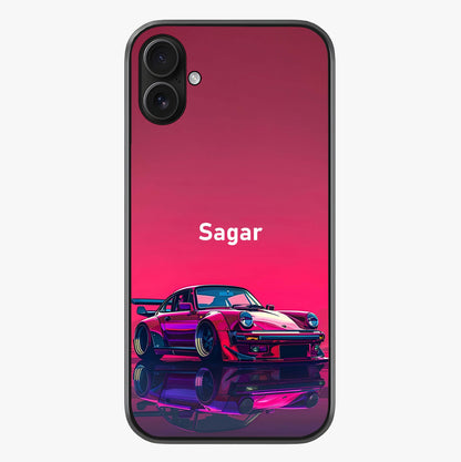 Neon Pink Porsche Glass Case showing full back design in clean flat view with glossy glass finish.