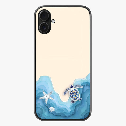 Ocean Drift Turtle Glass Case showing full back design in clean flat view with glossy glass finish.