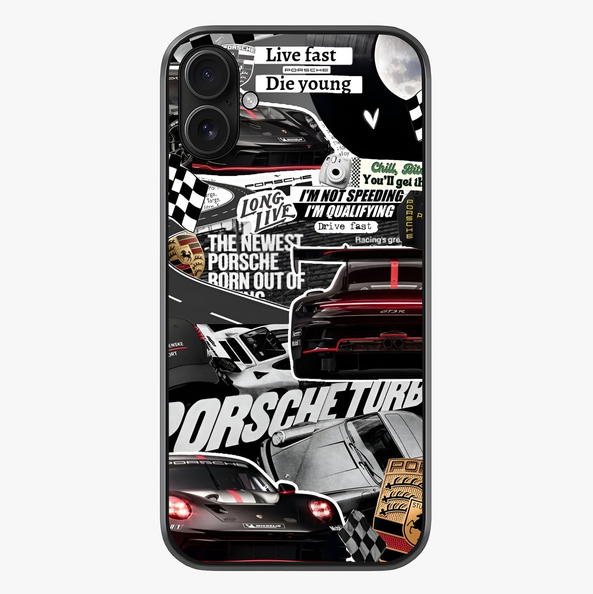 Porsche Racing Collage Glass Case showing full back design in clean flat view with glossy glass finish.