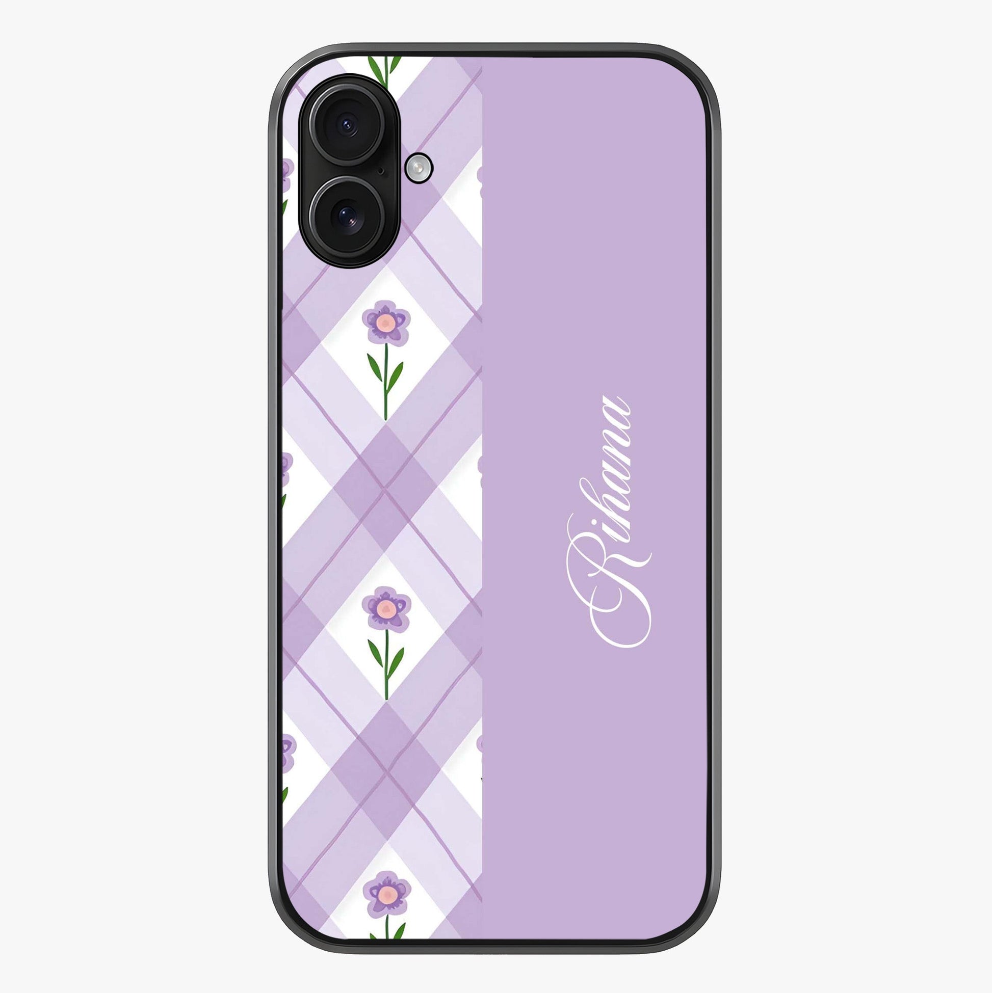 Purple Diamond Floral Glass Case showing full back design in clean flat view with glossy glass finish.