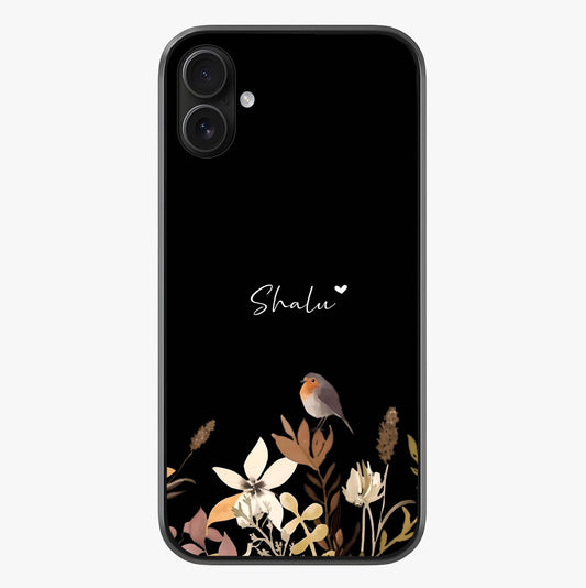 Quiet Garden Tune Custom Name Glass Case showing full back design in clean flat view with glossy glass finish.