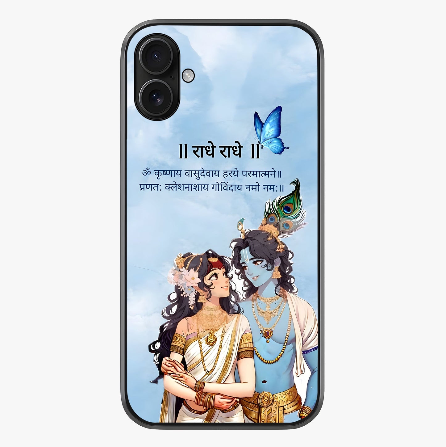 Radha Krishna Eternal Glass Case showing full back design in clean flat view with glossy glass finish.