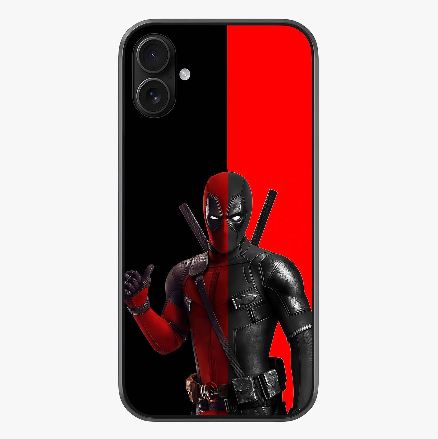 Red & Black Deadpool Theme Glass Case showing full back design in clean flat view with glossy glass finish.