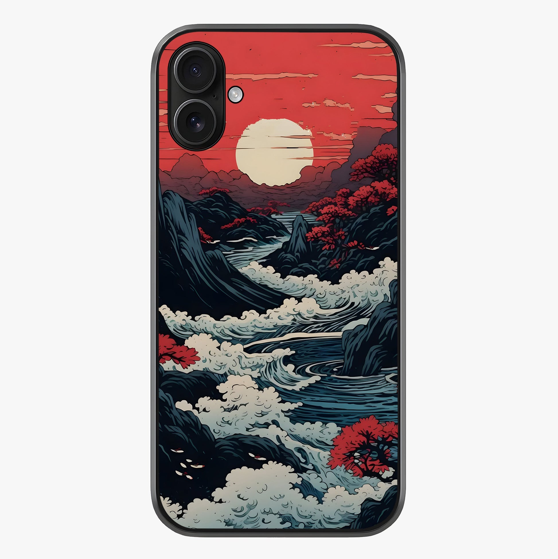 Red Sunset Scenery Glass Case showing full back design in clean flat view with glossy glass finish.