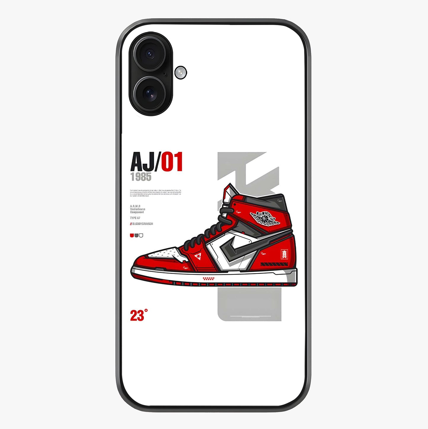 Retro Sneaker Blueprint Glass Case showing full back design in clean flat view with glossy glass finish.