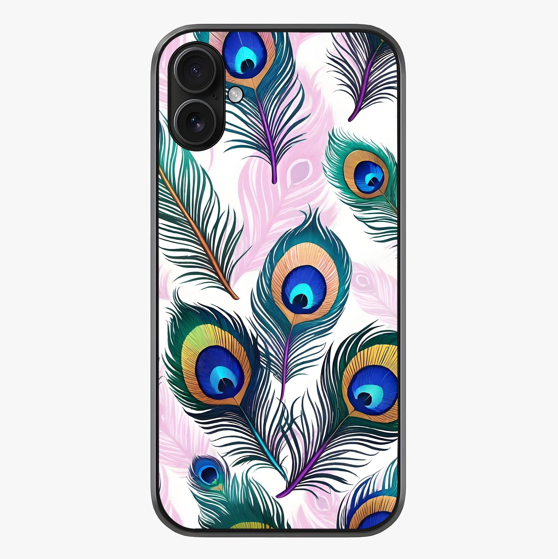 Royal Peacock Feathers Glass Case showing full back design in clean flat view with glossy glass finish.