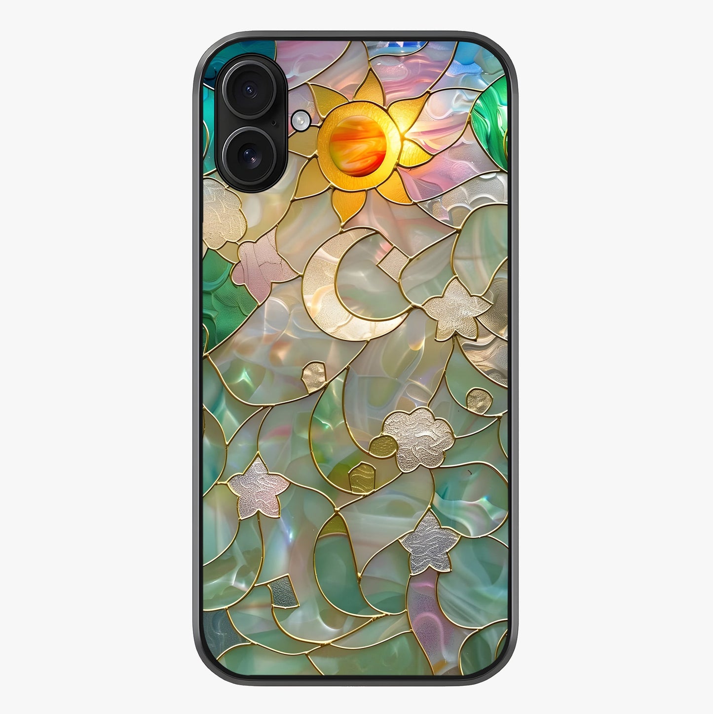 Stained Sunrise Glow Glass Case showing full back design in clean flat view with glossy glass finish.