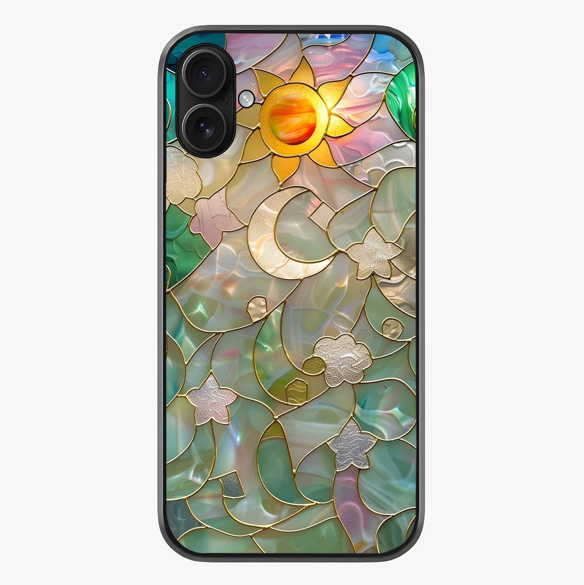 Stained Sunrise Glow Glass Case showing full back design in clean flat view with glossy glass finish.