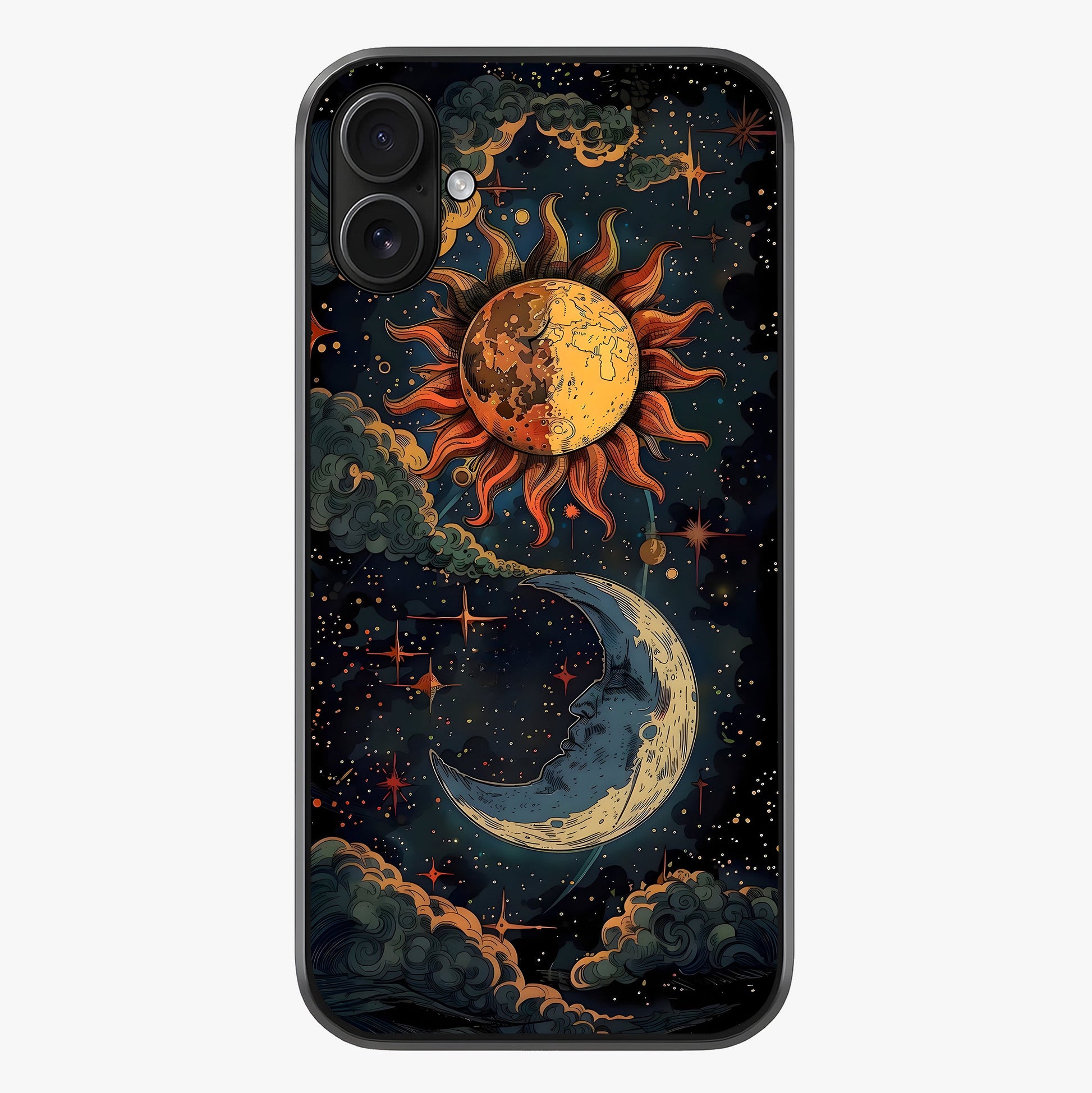 Sun And Moon Magic Design Glass Case showing full back design in clean flat view with glossy glass finish.