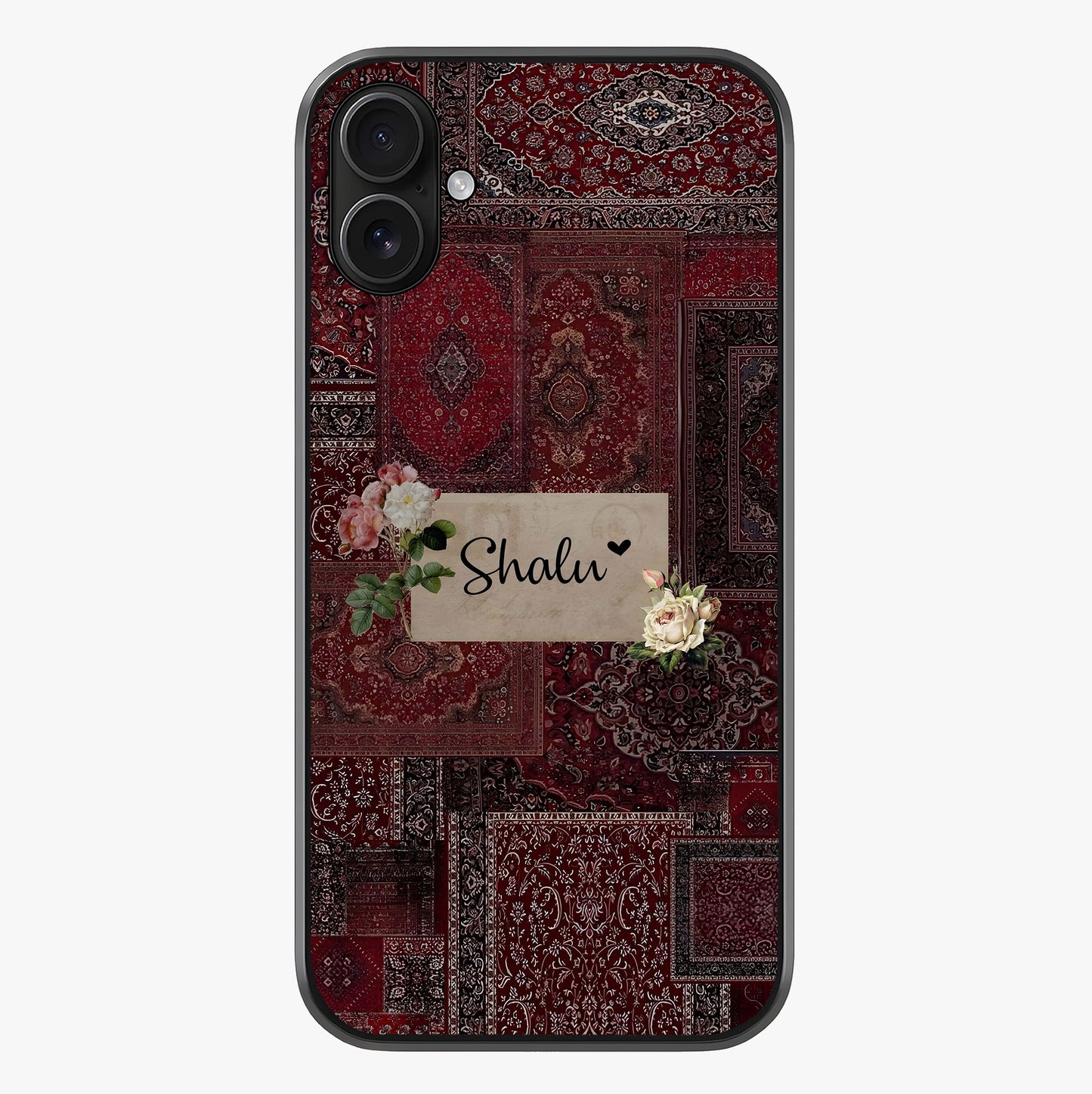 Velvet Wine Pattern Custom Name Glass Case showing full back design in clean flat view with glossy glass finish.
