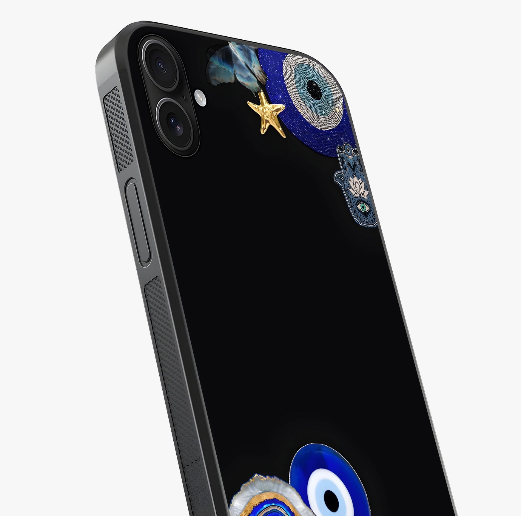 Aesthetic Blue Evil Eye Glass Case captured at a warm angle highlighting gloss, texture and premium glass finish.