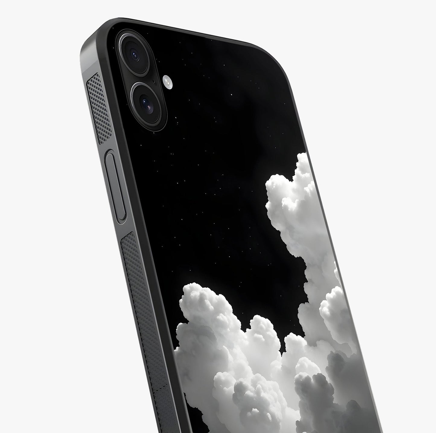 Black Background With White Cloud Glass Case captured at a warm angle highlighting gloss, texture and premium glass finish.