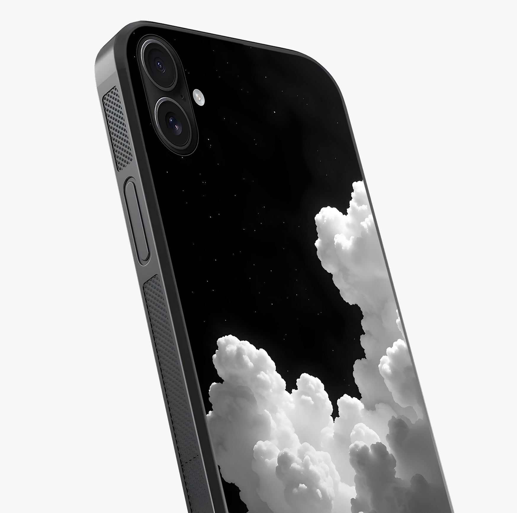 Black Background With White Cloud Glass Case captured at a warm angle highlighting gloss, texture and premium glass finish.
