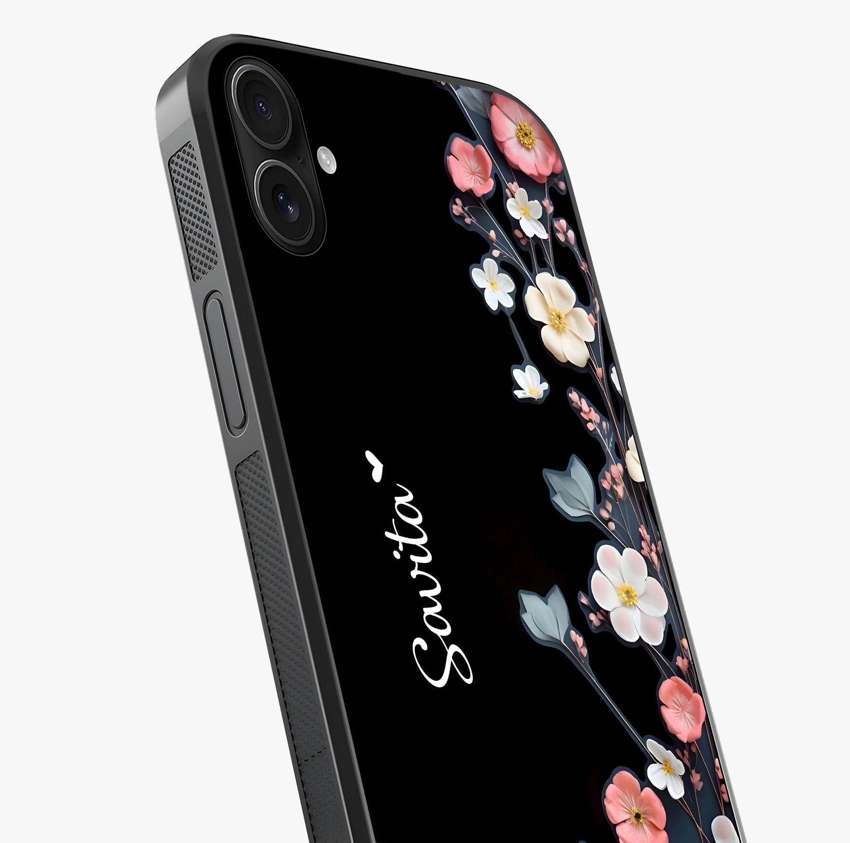 Black Elegance Floral Custom Name Glass Case captured at a warm angle highlighting gloss, texture and premium glass finish.