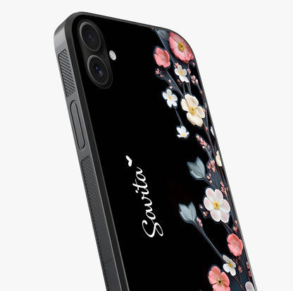 Black Elegance Floral Custom Name Glass Case captured at a warm angle highlighting gloss, texture and premium glass finish.