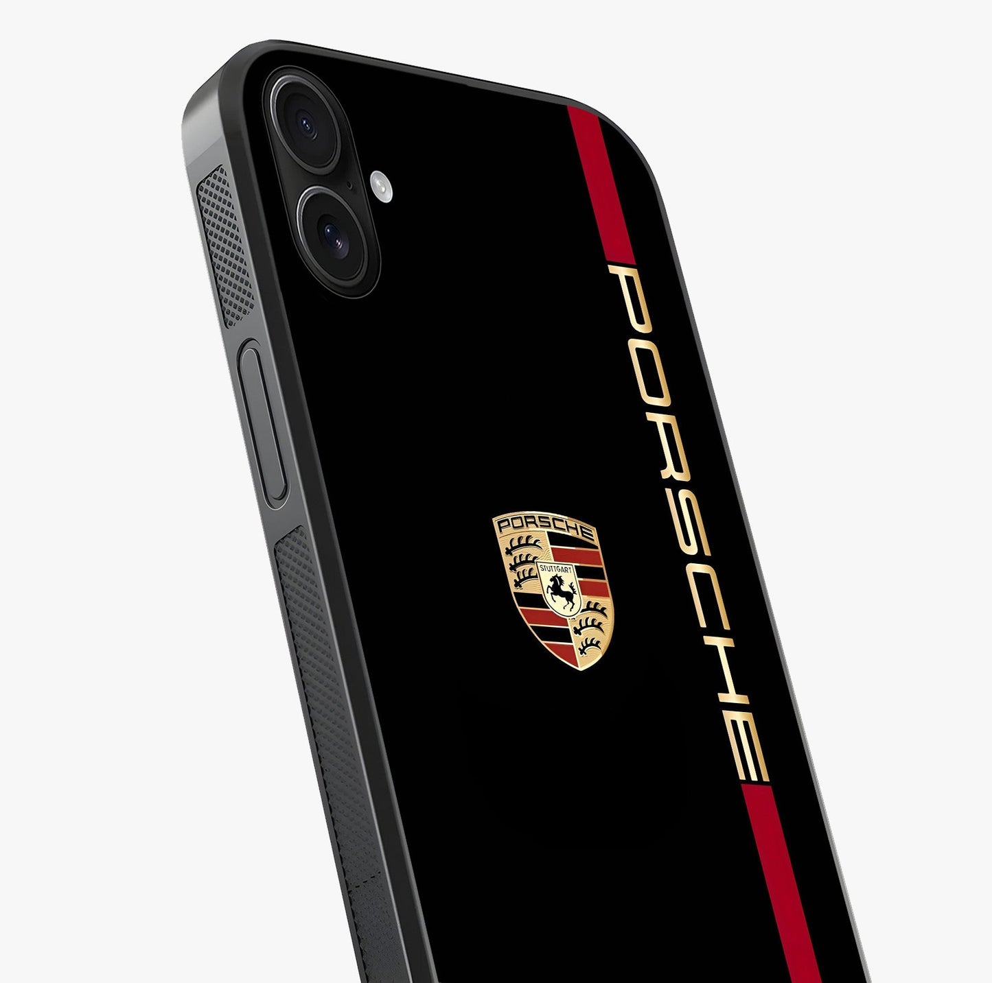 Black Minimal Porsche Glass Case captured at a warm angle highlighting gloss, texture and premium glass finish.