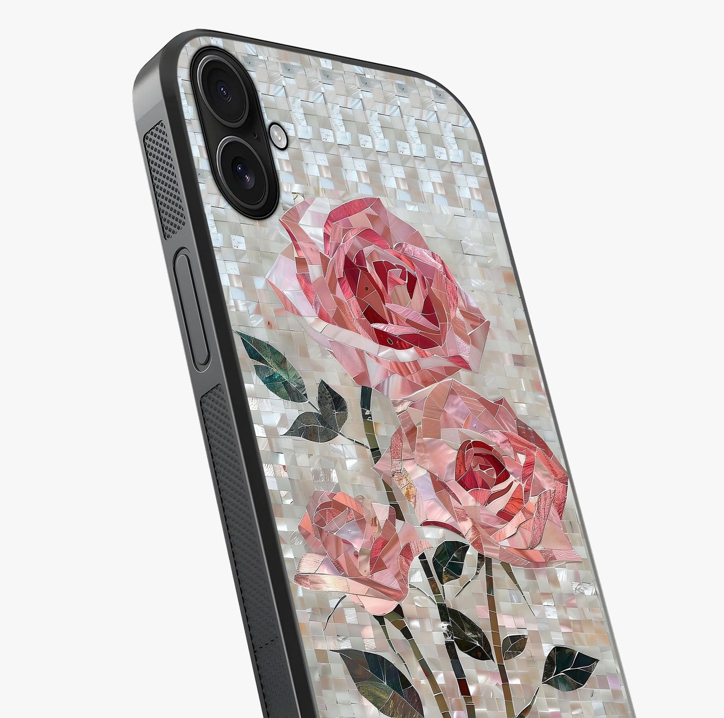 Blush Mosaic Bloom Glass Case captured at a warm angle highlighting gloss, texture and premium glass finish.