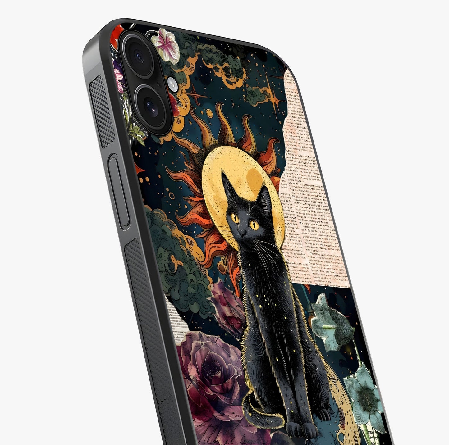 Celestial Black Cat Glass Case captured at a warm angle highlighting gloss, texture and premium glass finish.