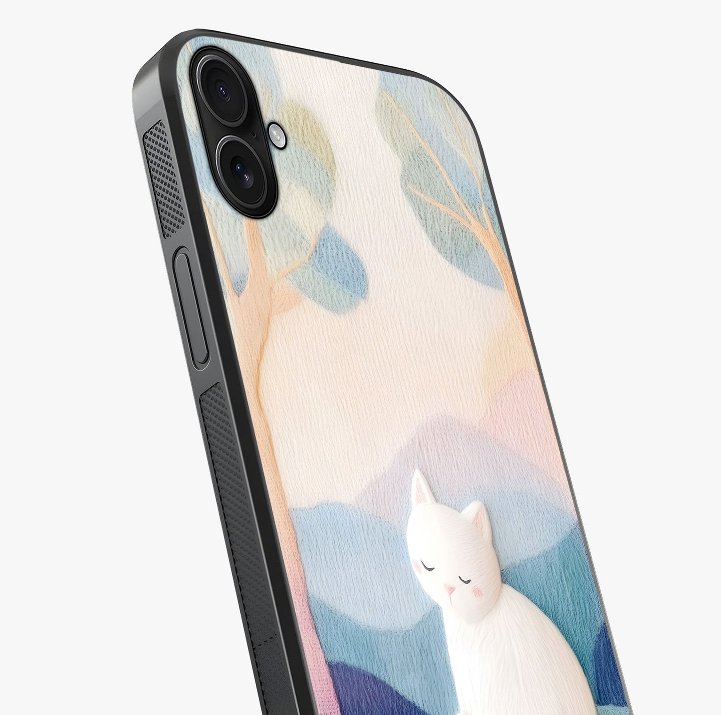 Cotton Dream Cat Glass Case captured at a warm angle highlighting gloss, texture and premium glass finish.