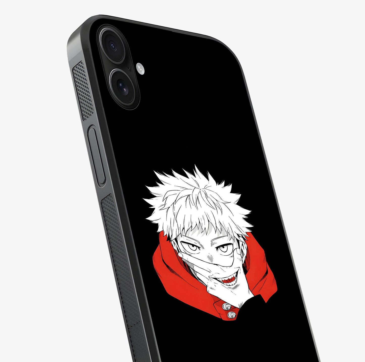 Crimson Chaos Smile Glass Case captured at a warm angle highlighting gloss, texture and premium glass finish.