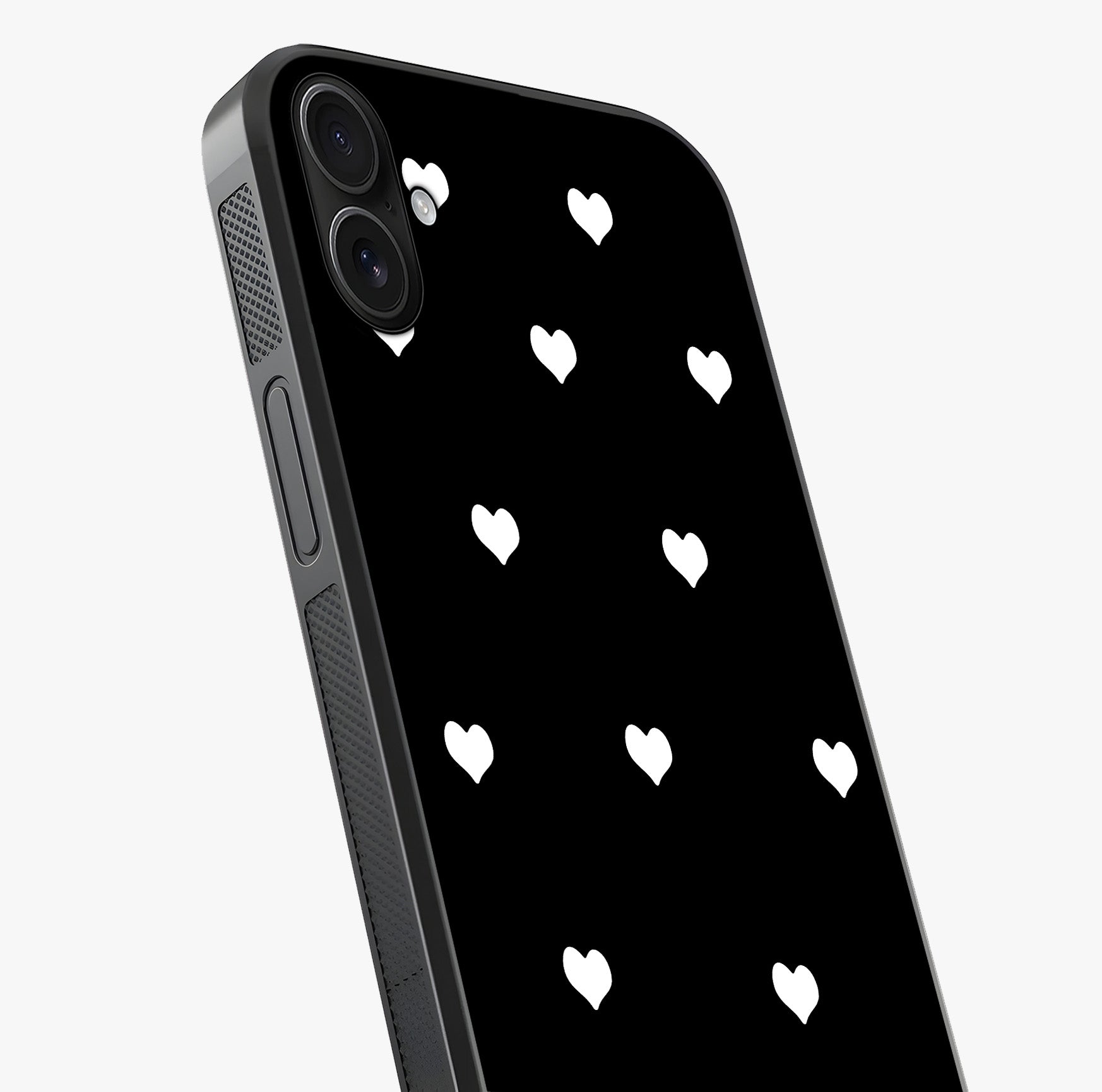 Cute And Simple White Hearts Glass Case captured at a warm angle highlighting gloss, texture and premium glass finish.
