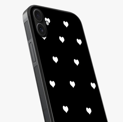 Cute And Simple White Hearts Glass Case captured at a warm angle highlighting gloss, texture and premium glass finish.