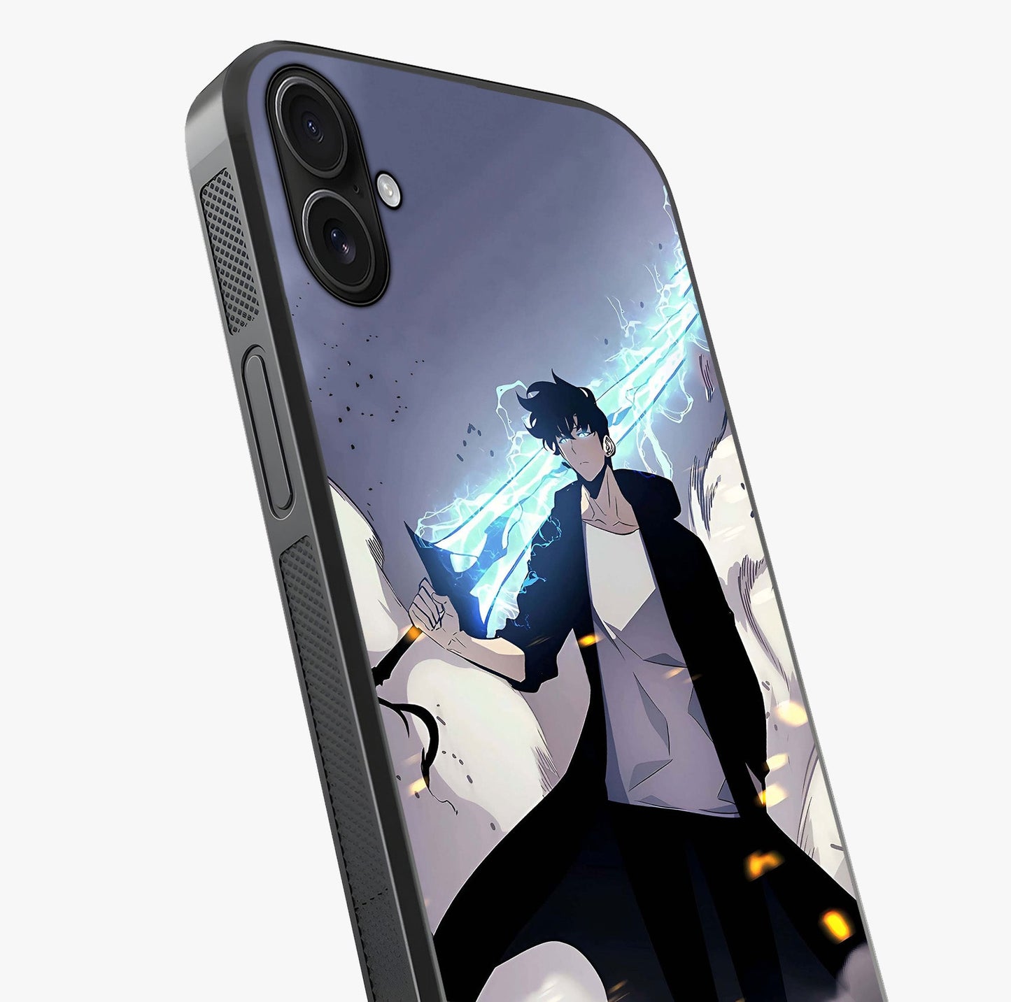 Dark Lightning Anime Warrior Glass Case captured at a warm angle highlighting gloss, texture and premium glass finish.