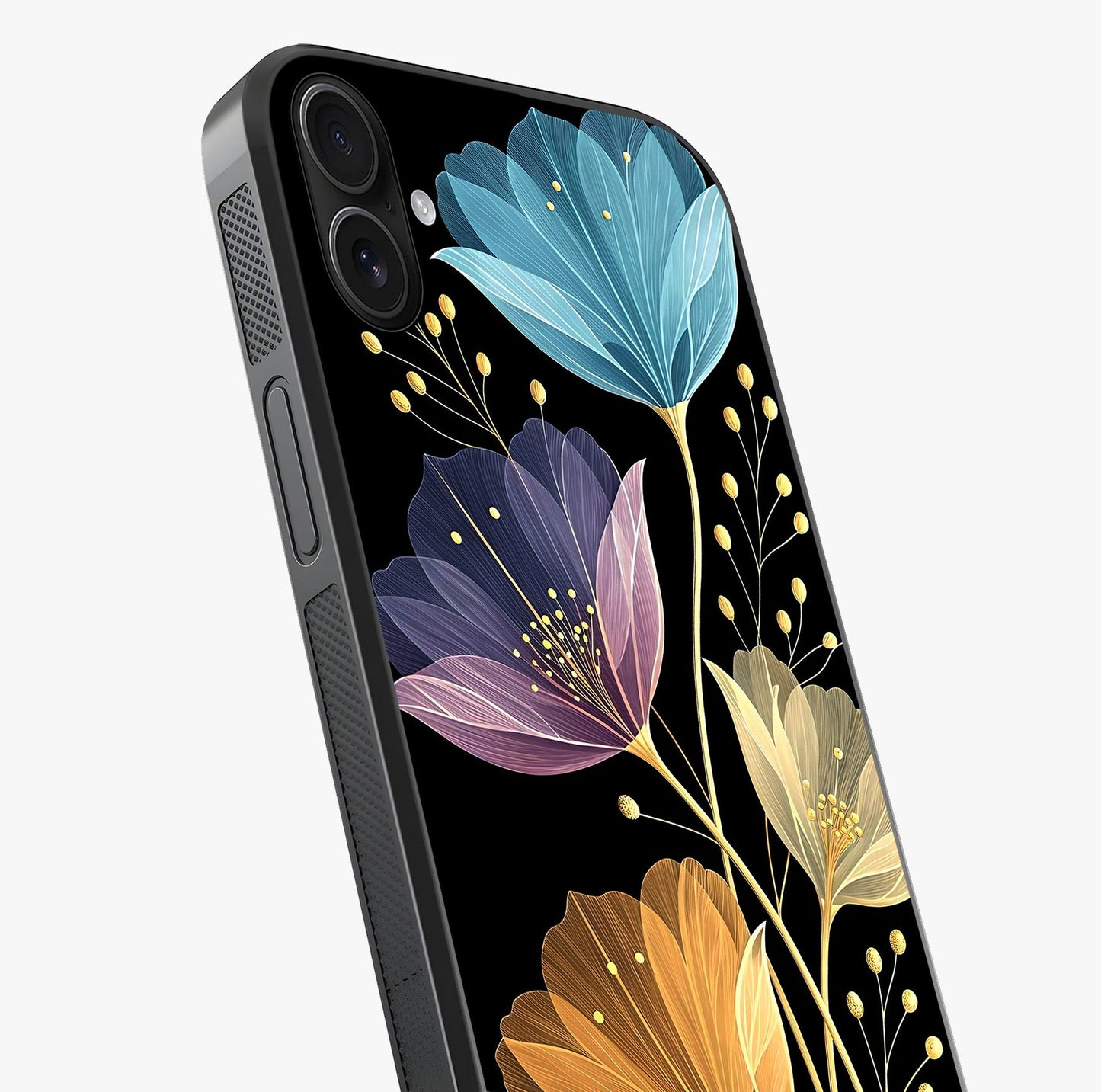 Delicate Multicolor Flowers Glass Case captured at a warm angle highlighting gloss, texture and premium glass finish.