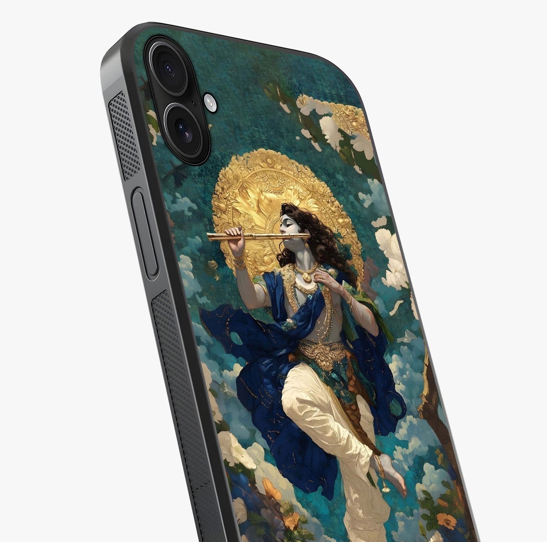 Divine Krishna Art Glass Case captured at a warm angle highlighting gloss, texture and premium glass finish.