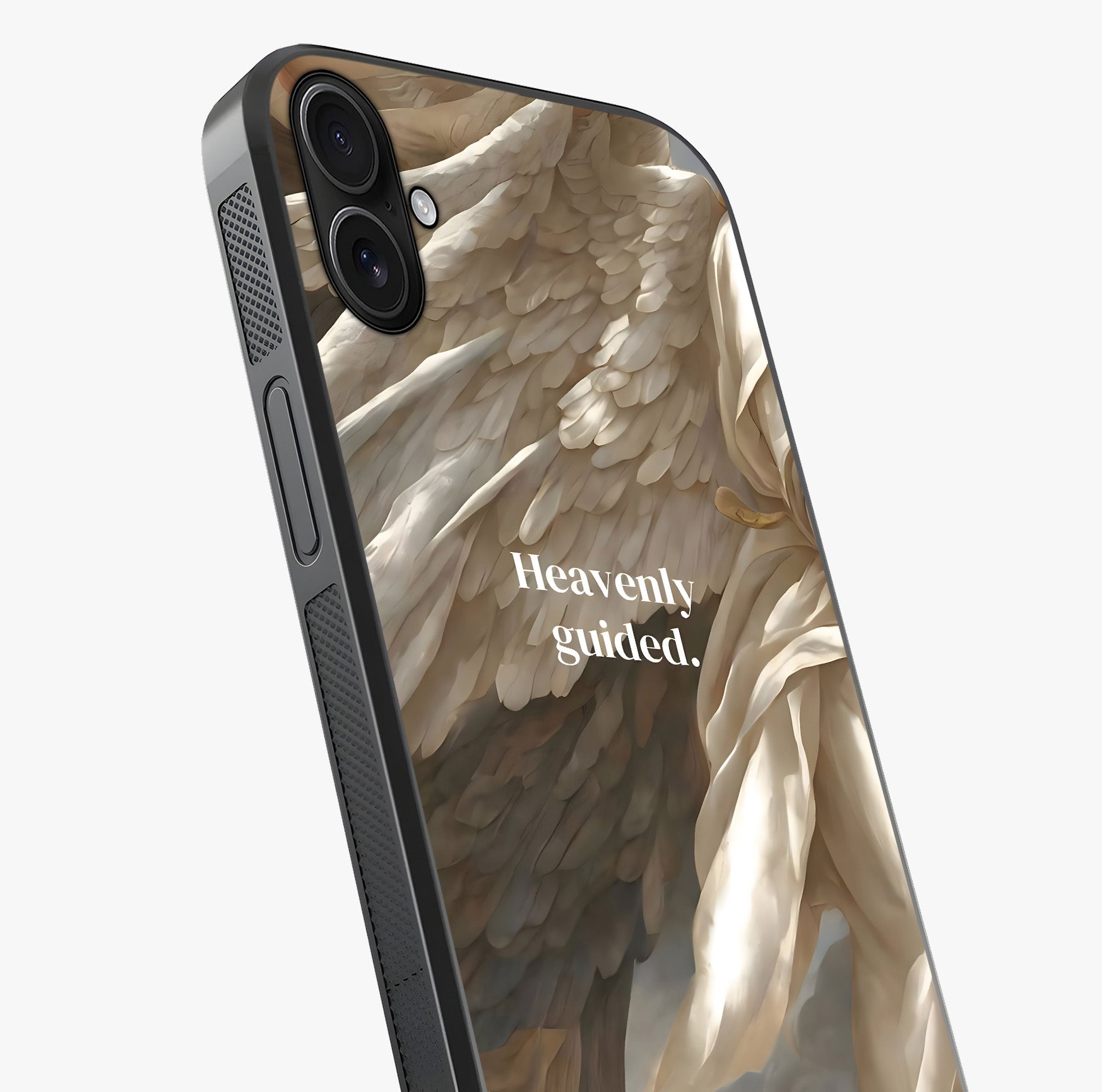 Divine Winged Grace Glass Case captured at a warm angle highlighting gloss, texture and premium glass finish.