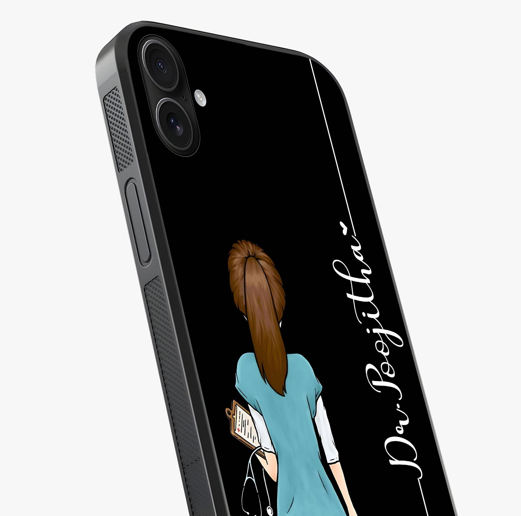 Doctor Pattern Custom Name Glass Case captured at a warm angle highlighting gloss, texture and premium glass finish.