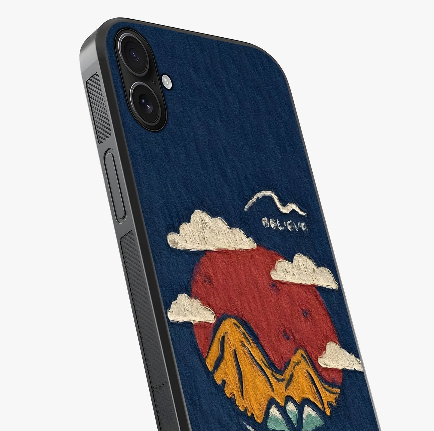 Dream Beyond Mountains Glass Case captured at a warm angle highlighting gloss, texture and premium glass finish.