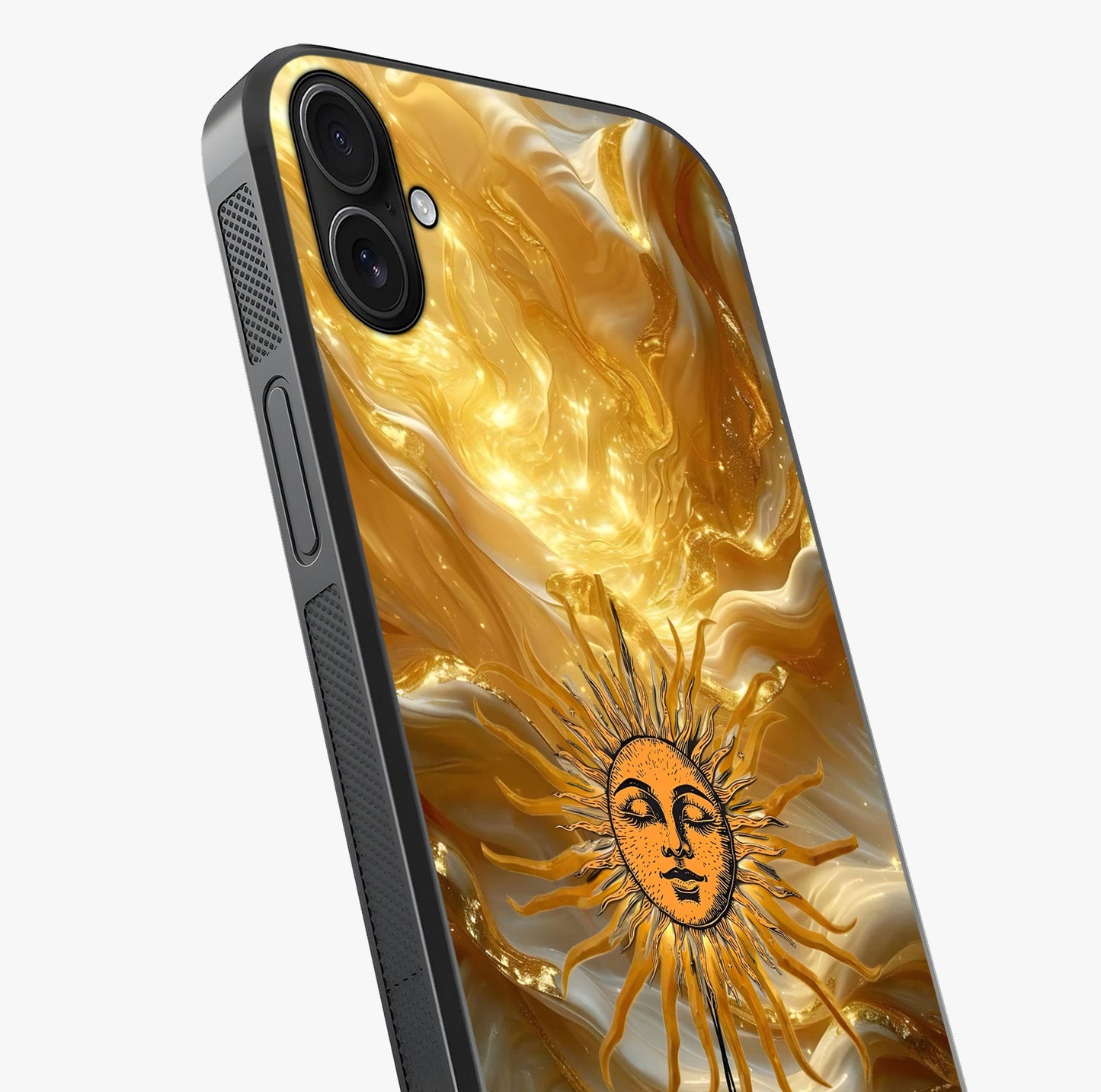 Eternal Golden Glow Glass Case captured at a warm angle highlighting gloss, texture and premium glass finish.
